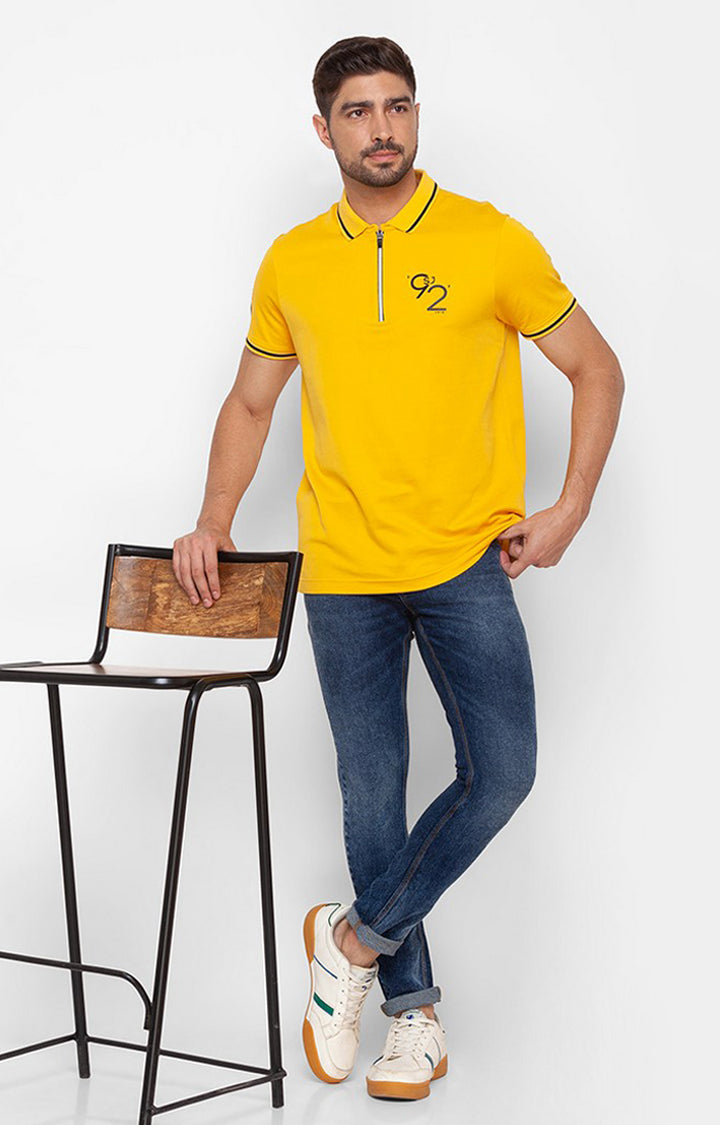 Spykar Yellow Cotton Half Sleeve Plain Casual Polo T-shirt For Men