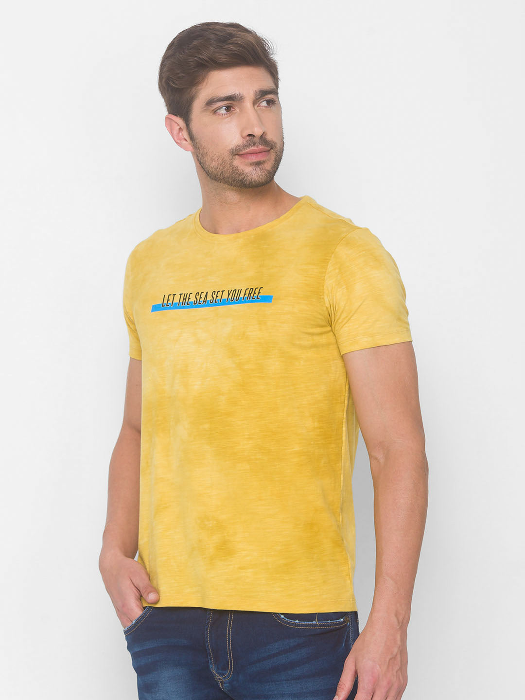 Spykar Men Yellow Cotton Slim Fit Round Neck T-Shirt