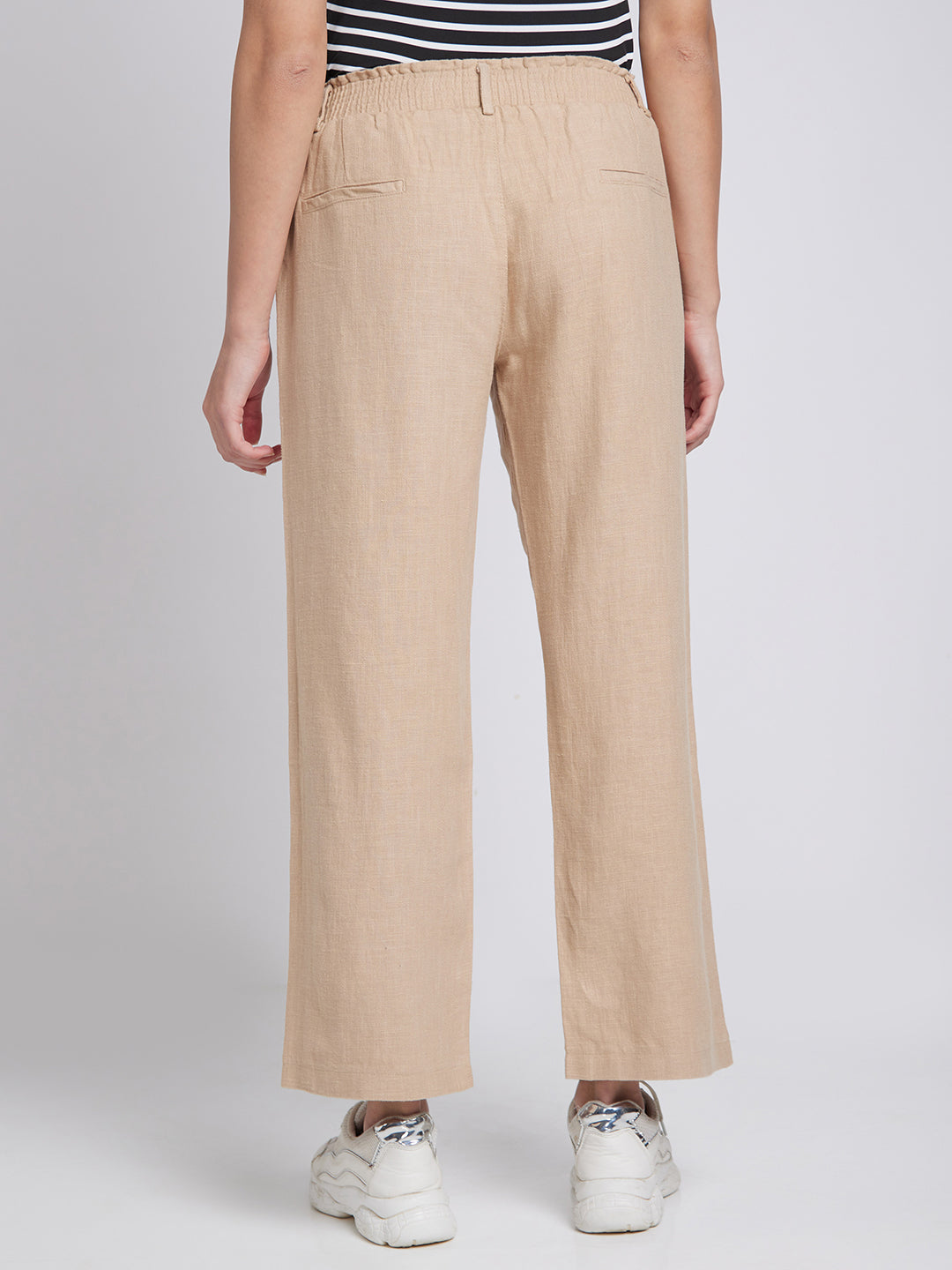 Spykar Women Beige Regular Fit Ankle Length Linen Trousers