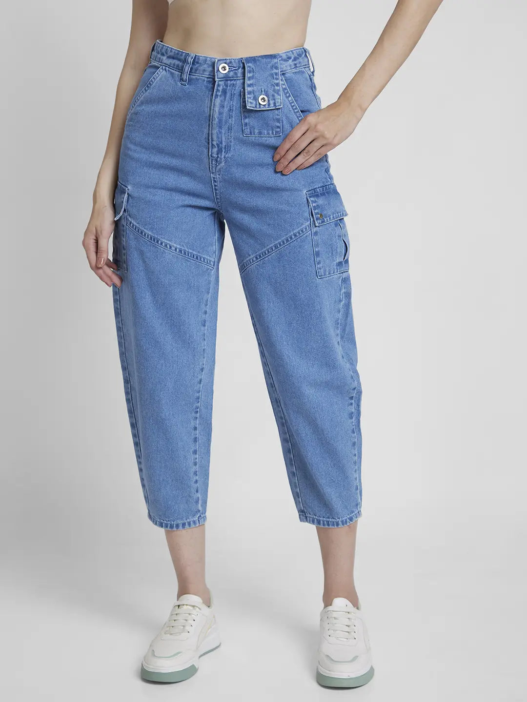 Spykar Women Light Blue Cotton Baggy Fit Crop Length Clean Look Jeans -(Clara)