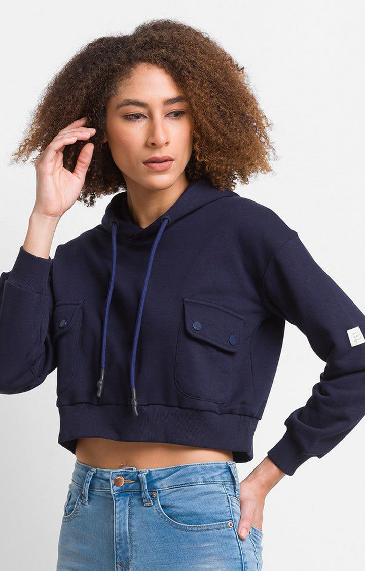 Spykar Deep Navy Cotton Blend Full Sleeve Hooded Sweatshirts For Women