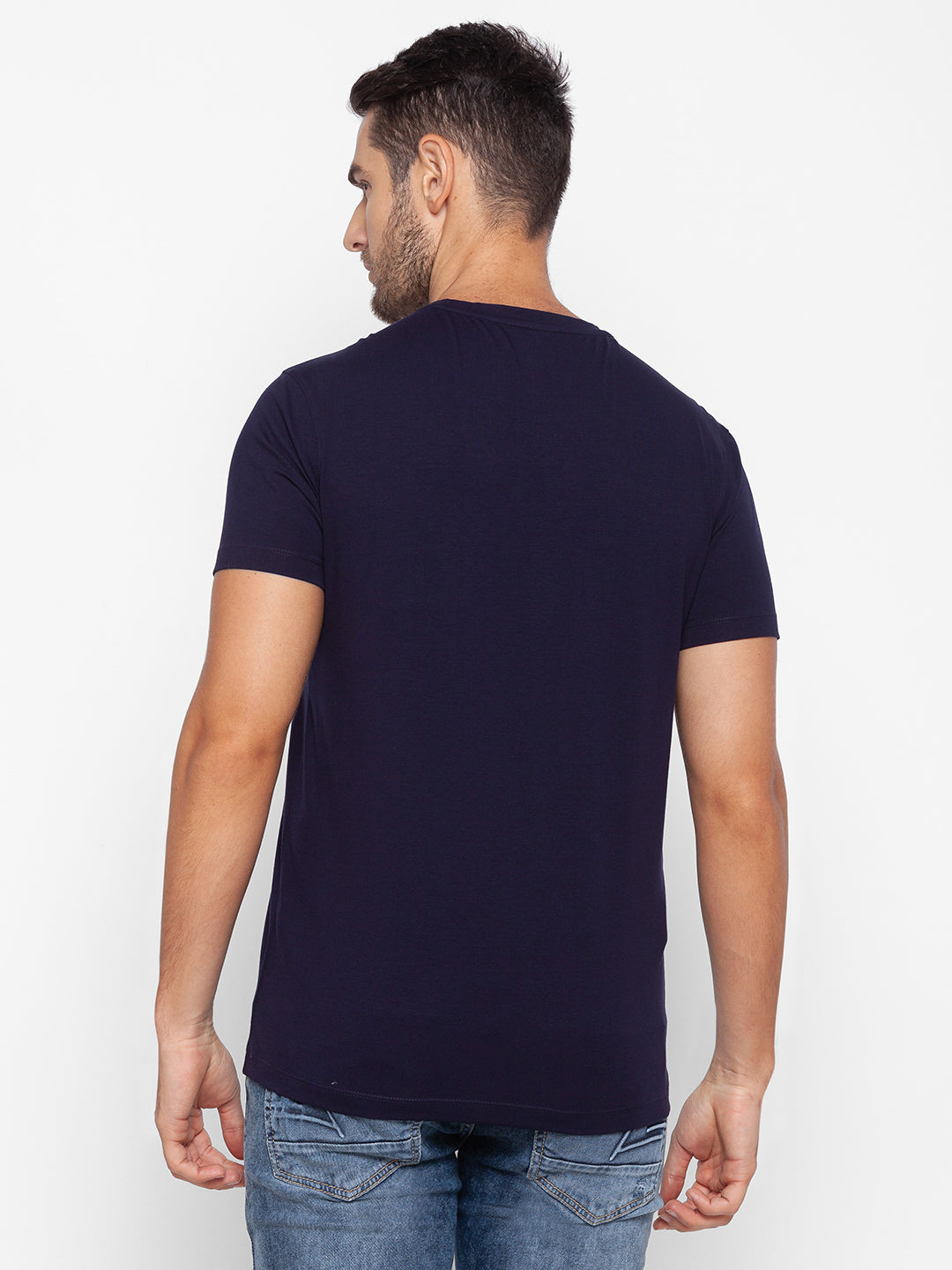 Spykar Men Blue Cotton Slim Fit Round Neck T-Shirt