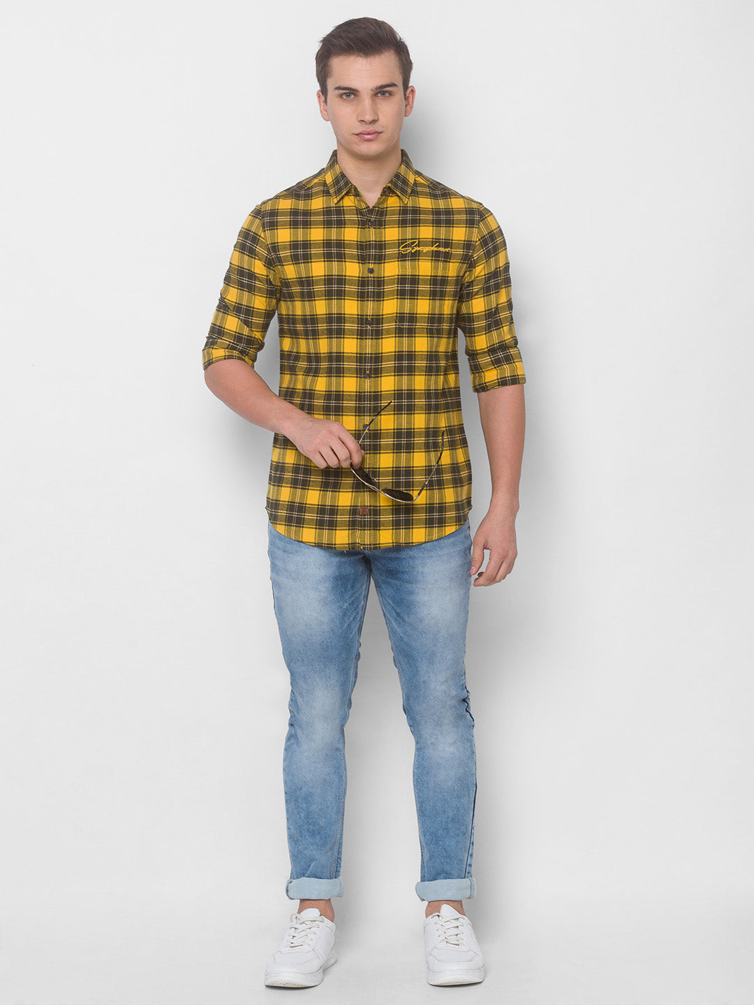 Spykar Men Yellow Cotton Slim Fit Shirt