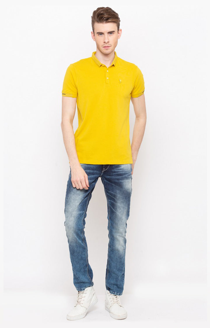 Spykar Mustard Solid Slim Fit Polo T-Shirt