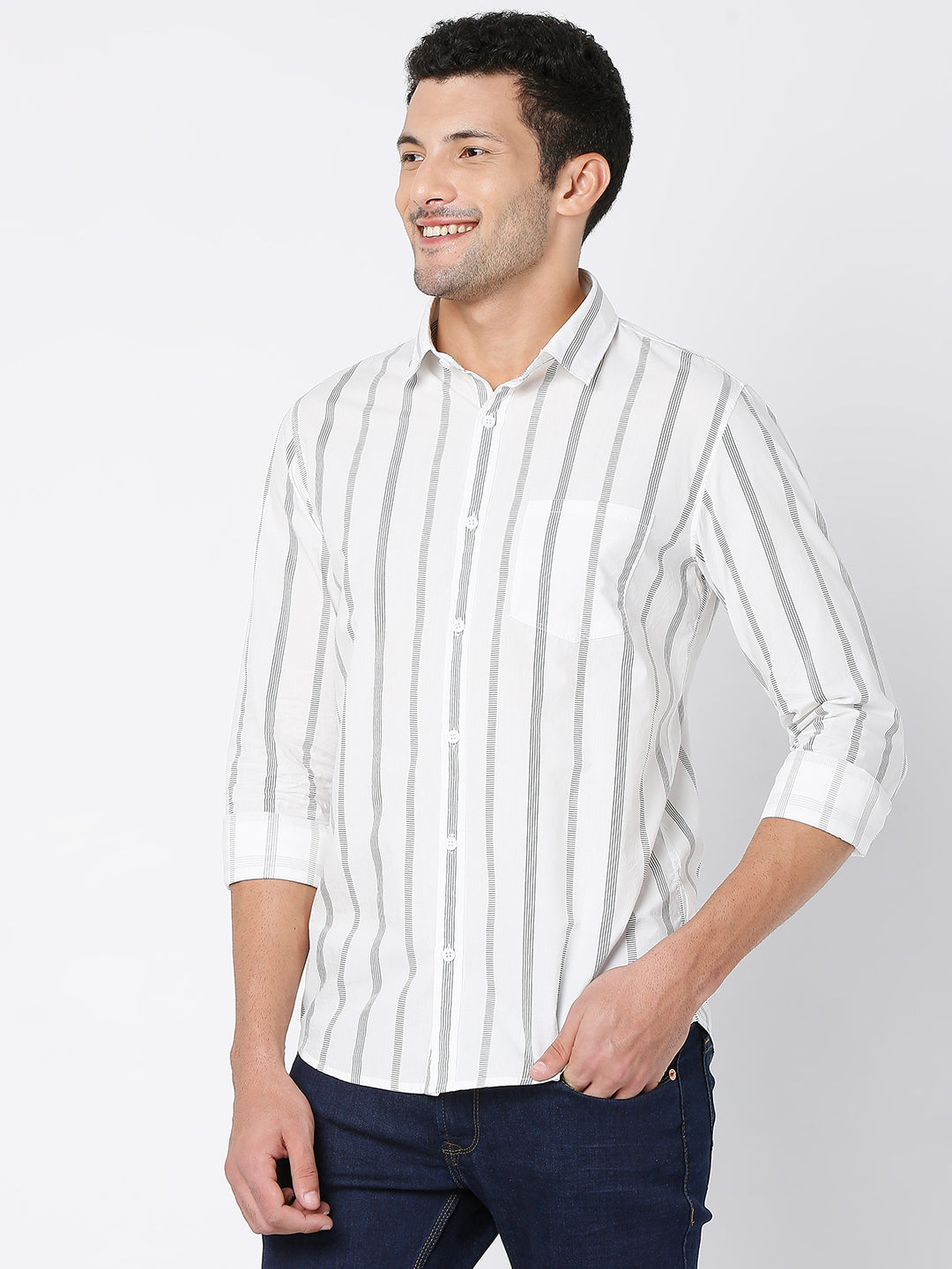 Spykar Men White Cotton Full Sleeve Stripes Shirt