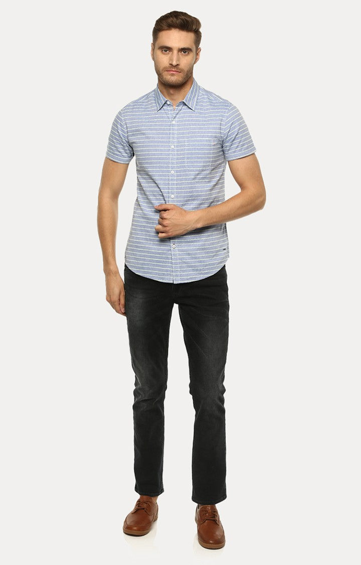 Spykar Men'S Blue Cotton Striped Casual Shirts