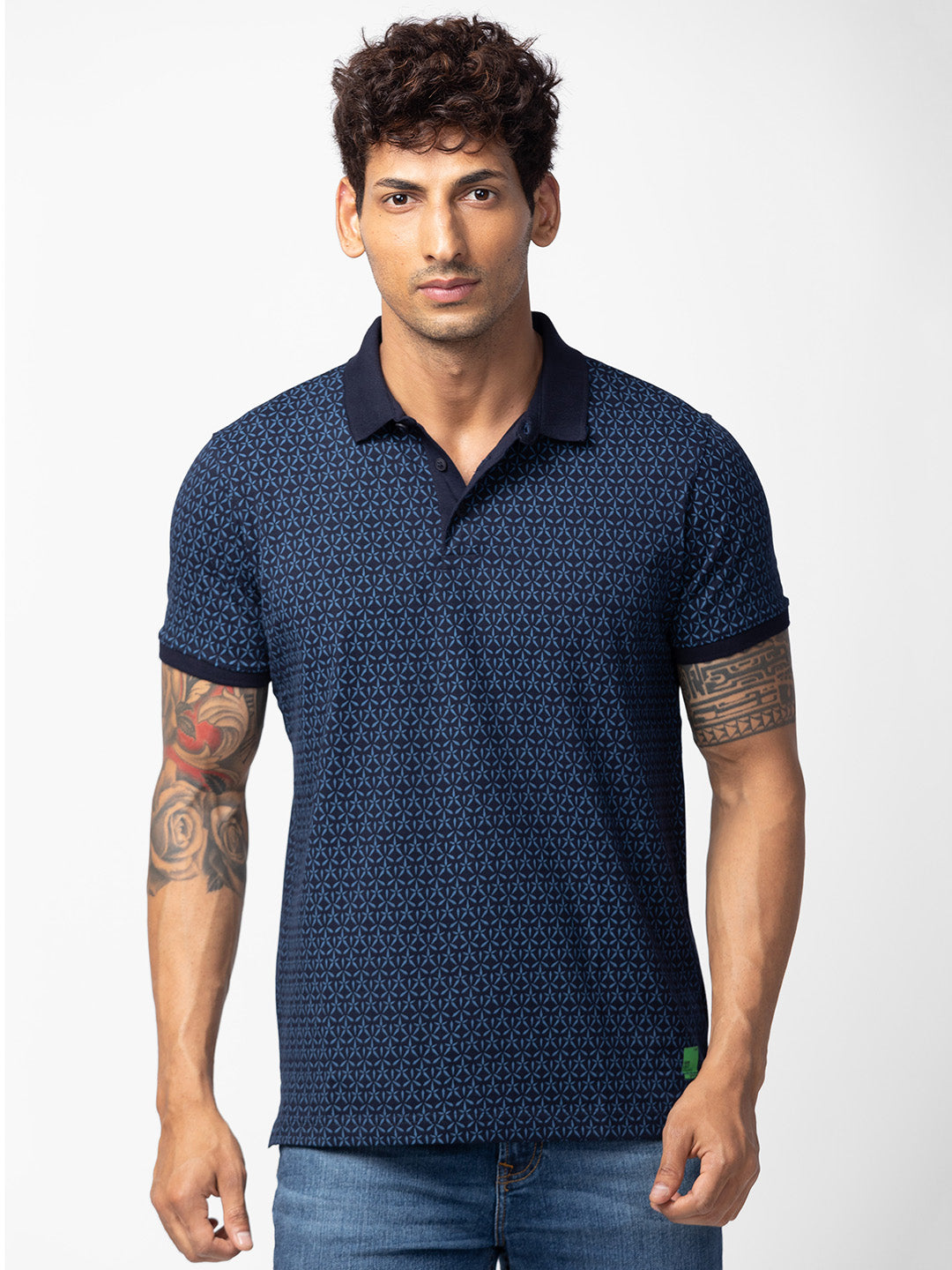 Spykar Men Navy Blue Cotton Regular Fit Half Sleeve Printed Polo T-Shirt