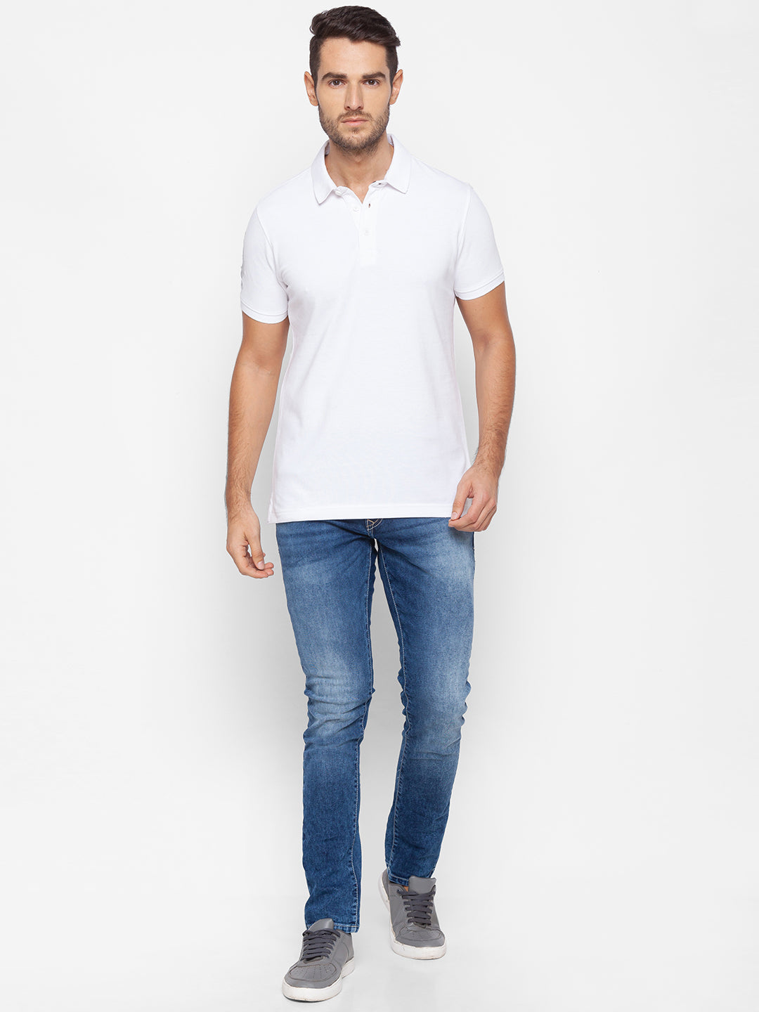 Spykar Men White Cotton Slim Fit Polo T-Shirt