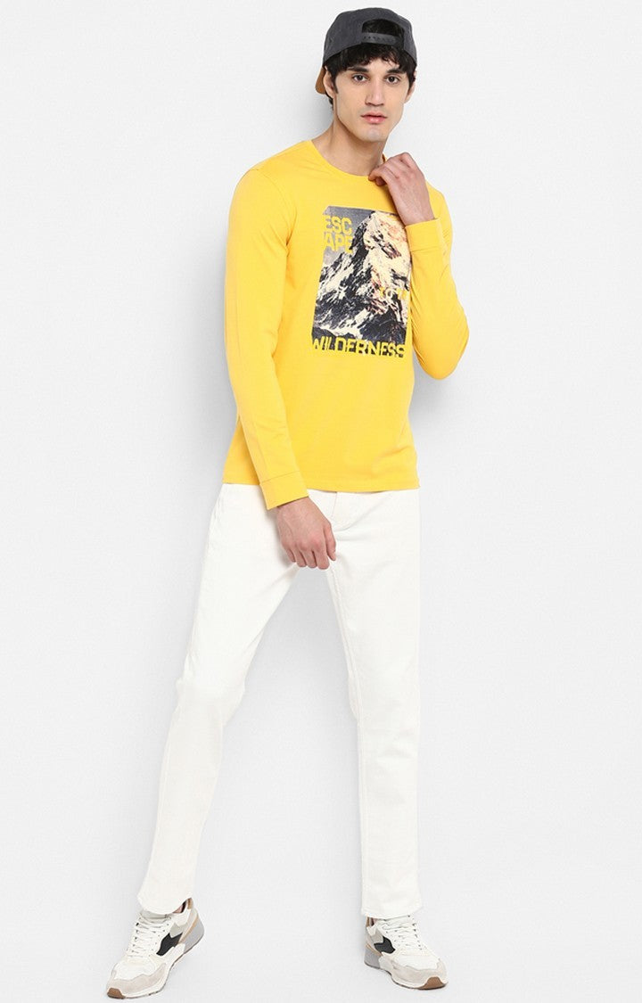 Spykar Yellow Cotton Slim Fit T-Shirt For Men