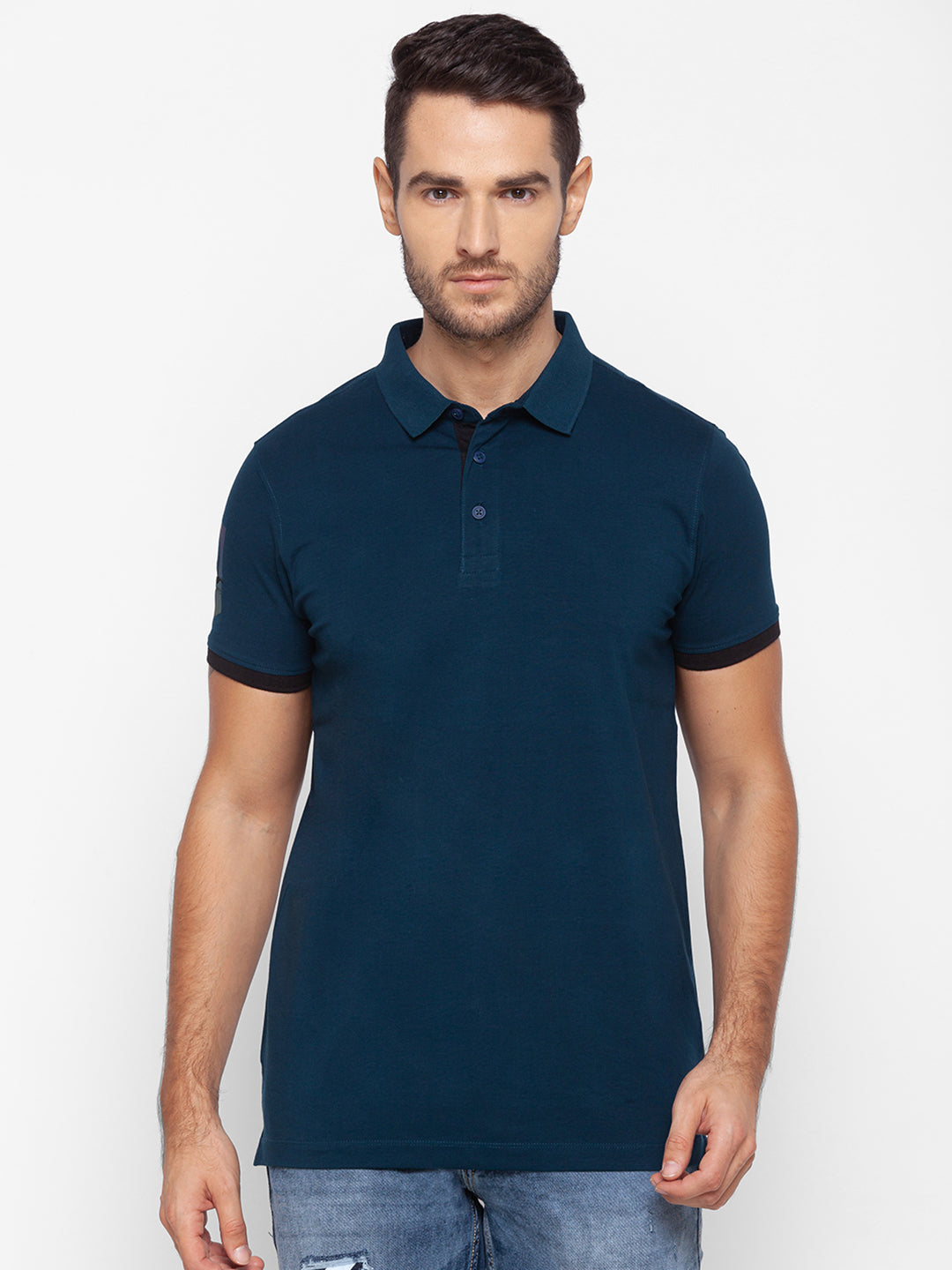 Spykar Men Blue Cotton Slim Fit Polo T-Shirt