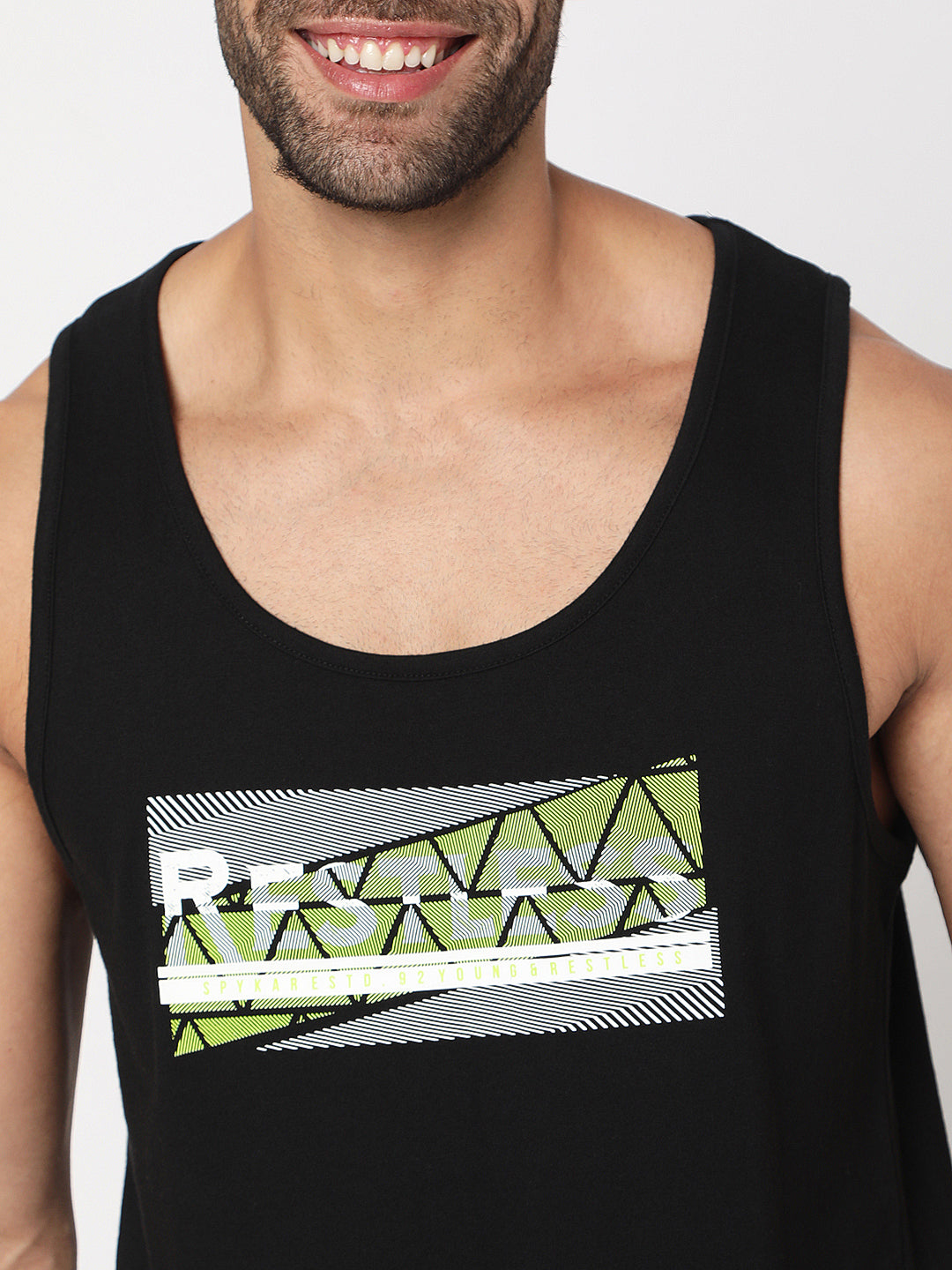 Spykar Men Black Cotton Sleeveless Printed Vest