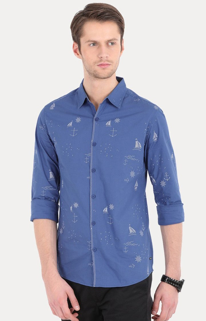 Spykar Men'S Blue Cotton Blend Printed Casual Shirts