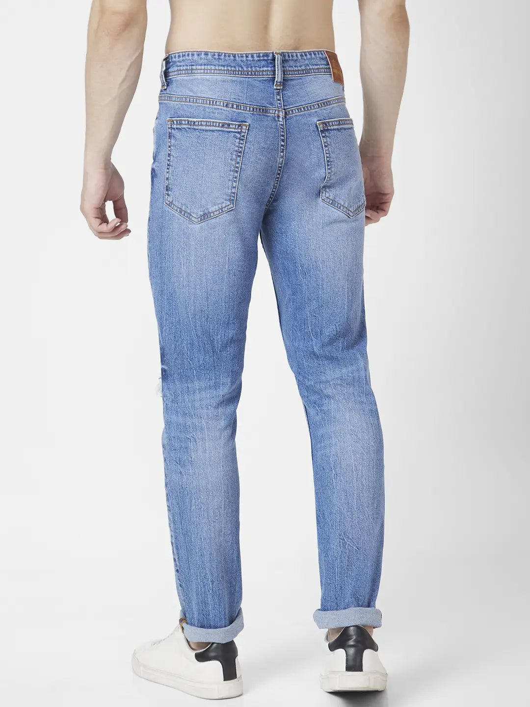 Spykar Men Light Blue Cotton Slim Fit Narrow Length Highly Distressed Low Rise Jeans (Skinny)