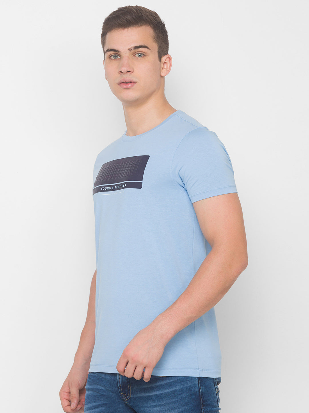 Spykar Men Blue Cotton Blend Slim Fit Round Neck T-Shirt