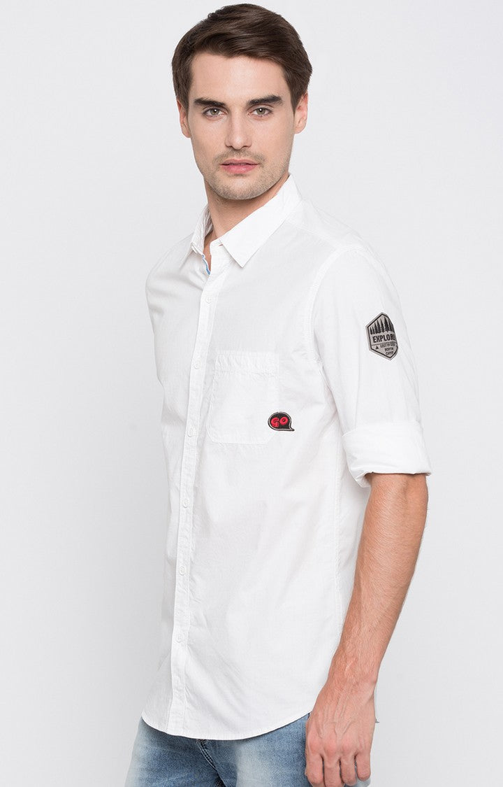 Spykar Men'S White Cotton Solid Casual Shirts