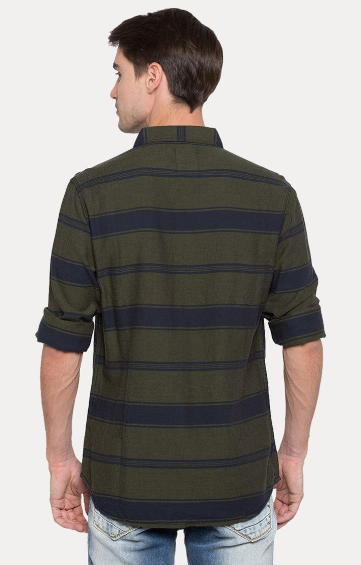 Spykar Men'S Green Cotton Striped Casual Shirts