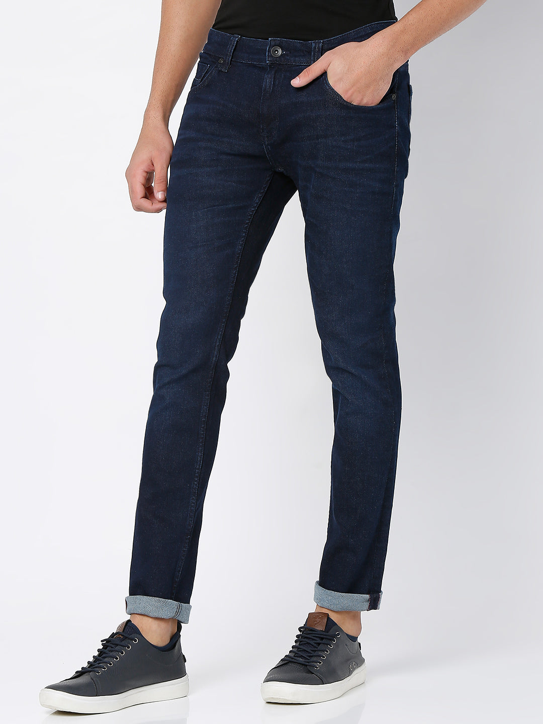 Spykar Dark Blue Cotton Slim Fit Narrow Length Jeans For Men (Skinny)