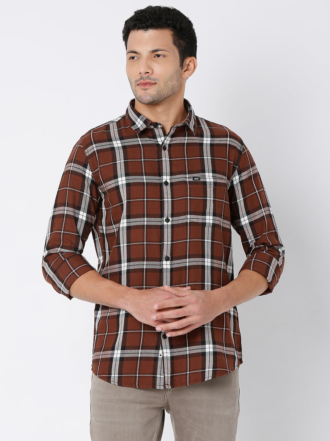 Spykar Men Brown Cotton Slim Fit Checkered Shirt