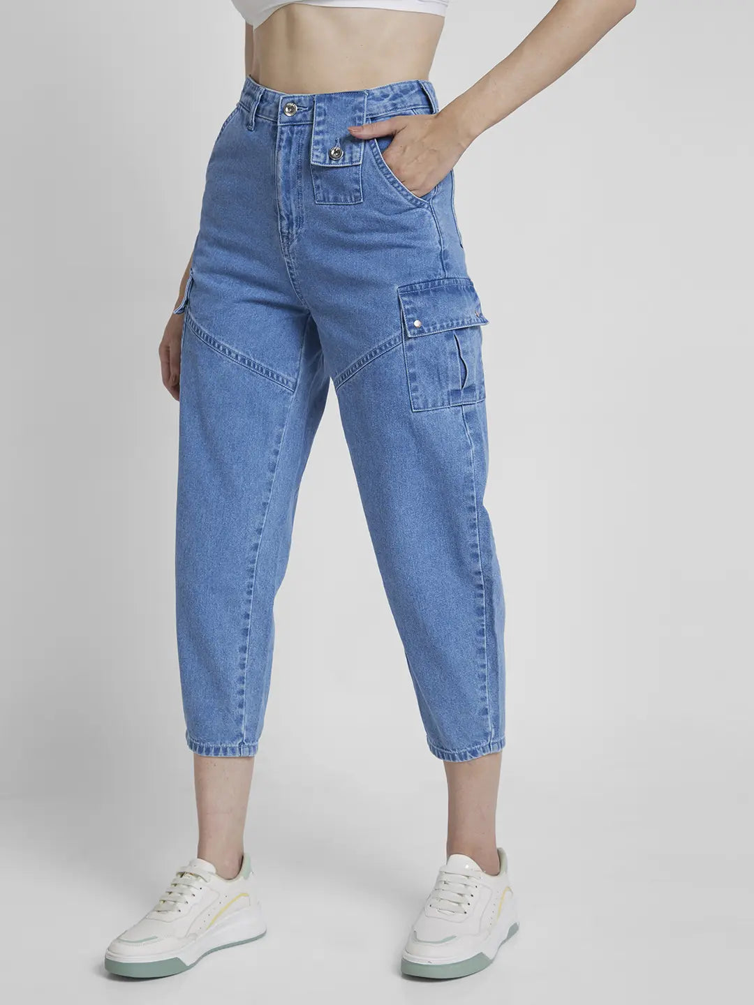 Spykar Women Light Blue Cotton Baggy Fit Crop Length Clean Look Jeans -(Clara)
