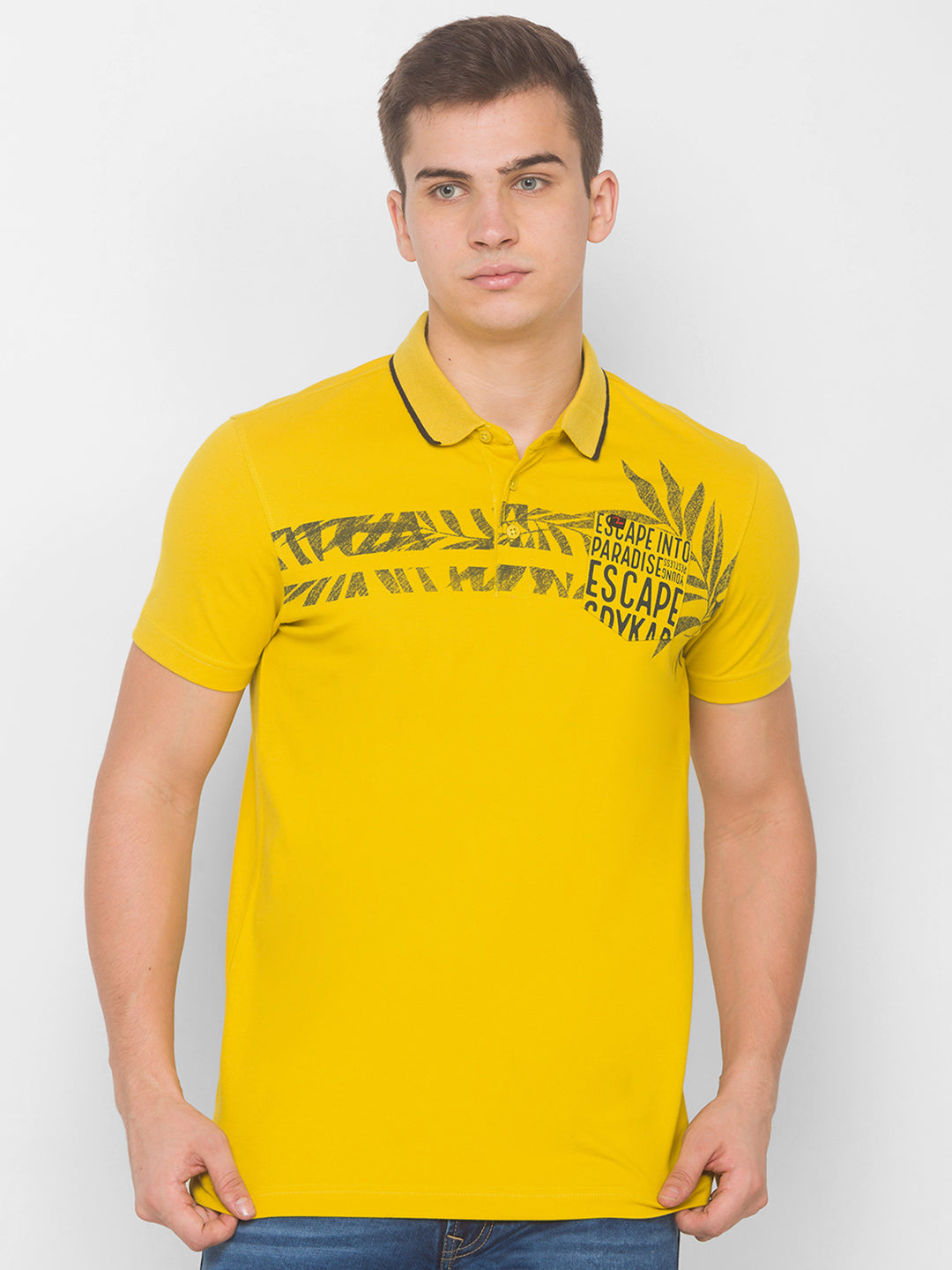 Spykar Men Yellow Cotton Slim Fit Round Neck T-Shirt