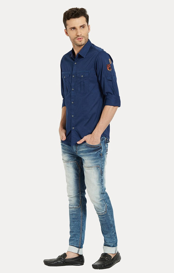 Spykar Men'S Blue Cotton Solid Casual Shirts