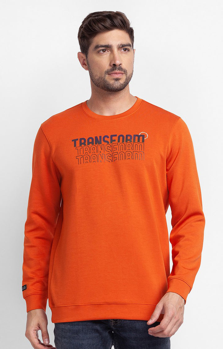 Spykar Flame Orange Cotton Full Sleeve Round Neck Sweatshirt For Men