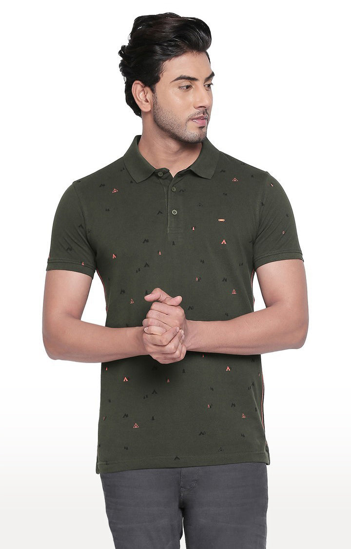 Spykar Olive Printed Slim Fit Polo T-Shirt