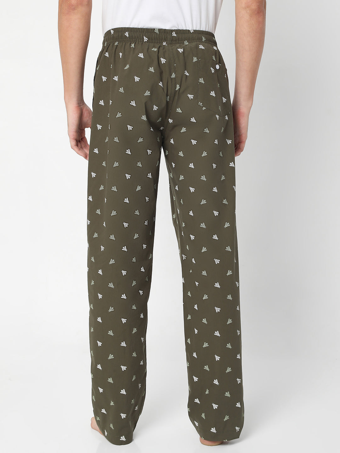 Men Premium Olive Cotton Printed Pyjama- Underjeans By Spykar