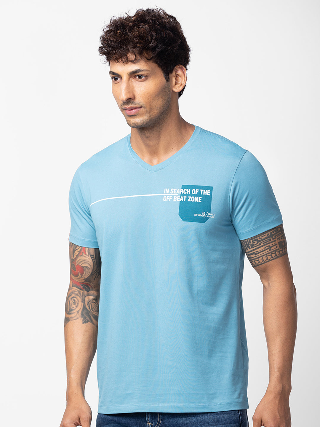 Spykar Men Haze Blue Cotton Regular Fit Half Sleeve Printed T-shirt