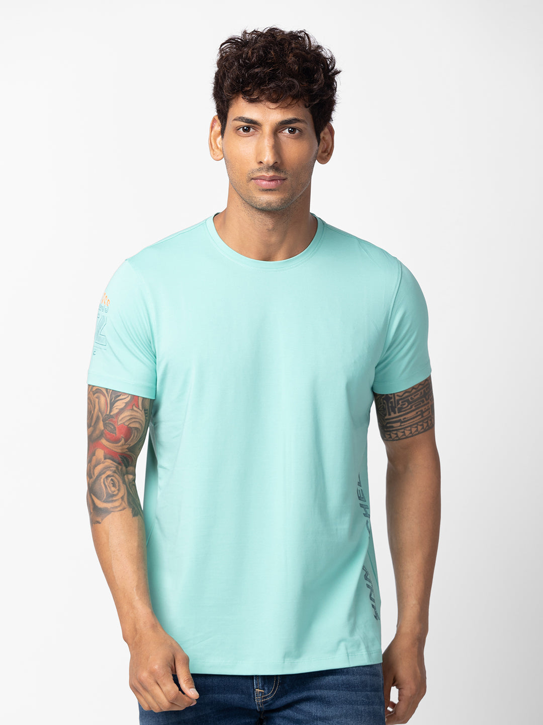 Spykar Men Ice Green Cotton Regular Fit Half Sleeve Printed T-Shirt