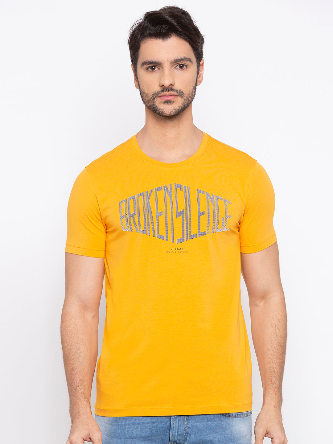 Spykar Men Yellow Cotton Slim Fit Round Neck T-Shirt