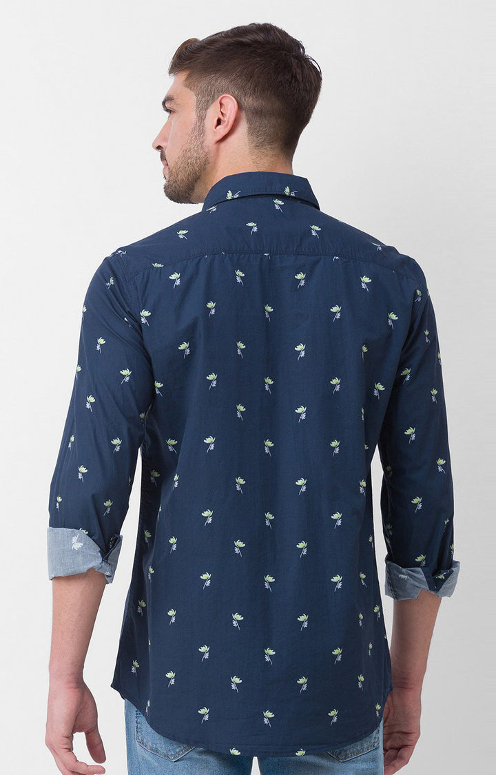 Spykar Navy Blue Cotton Full Sleeve Printed Shirt For Men