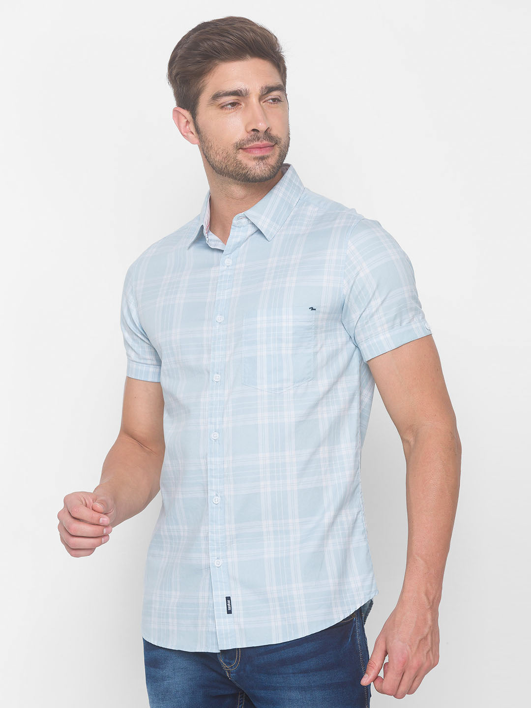 Spykar Men Sky Blue Cotton Slim Fit Shirt