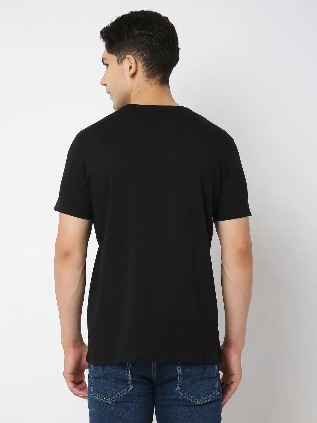 Spykar Men Black Cotton Regular Fit Printed Round Neck Tshirt