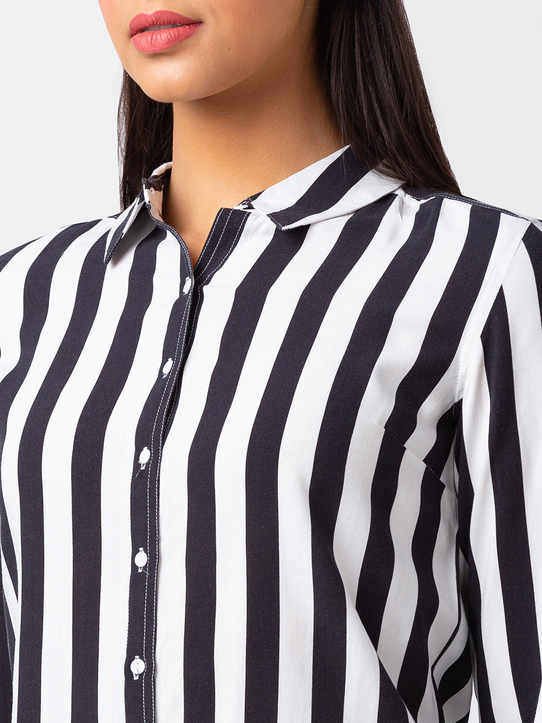 Spykar Women Black Reyon Regular Fit Striped Shirts