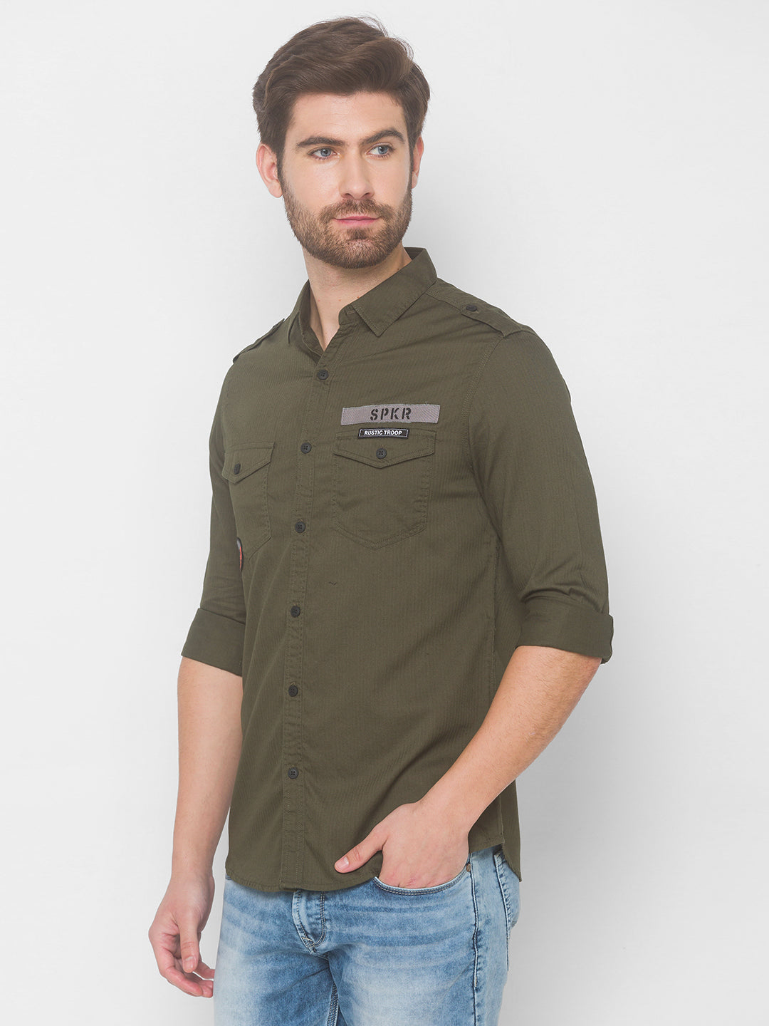 Spykar Men Olive Green Cotton Slim Fit Shirt