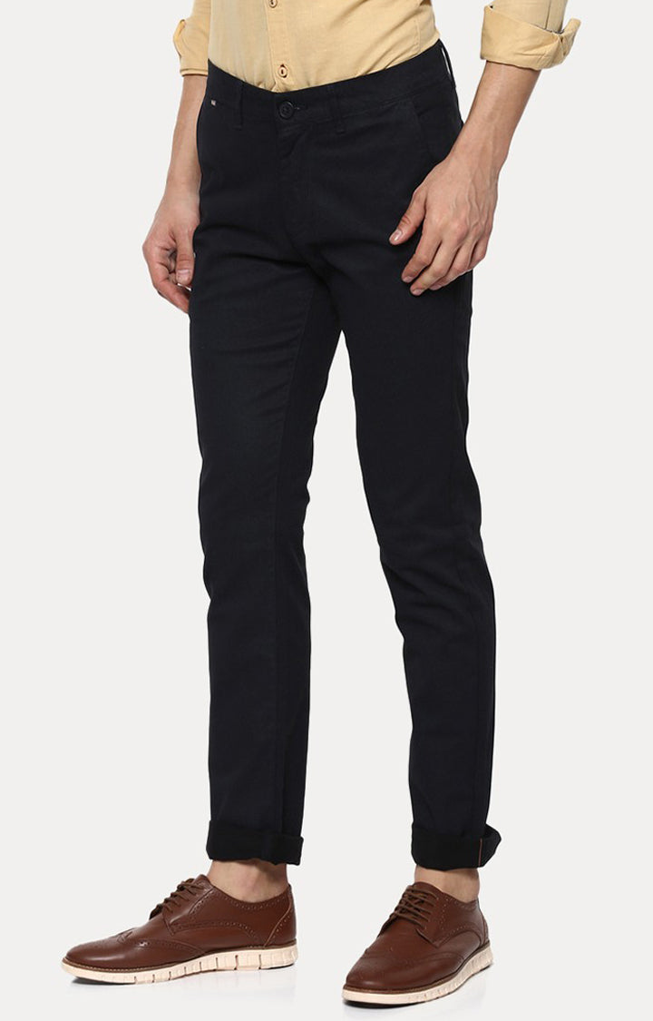 Spykar Men Navy Blue Cotton Slim Fit Regular Length Trousers