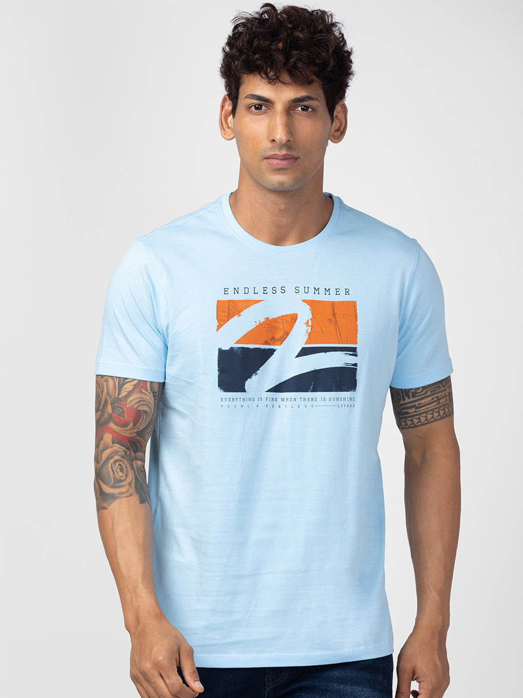 Spykar Men Powder Blue Cotton Regular Fit Half Sleeve Printed T-Shirt