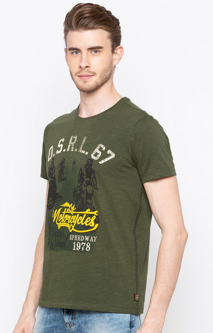 Spykar Olive Printed Slim Fit Men T-Shirts