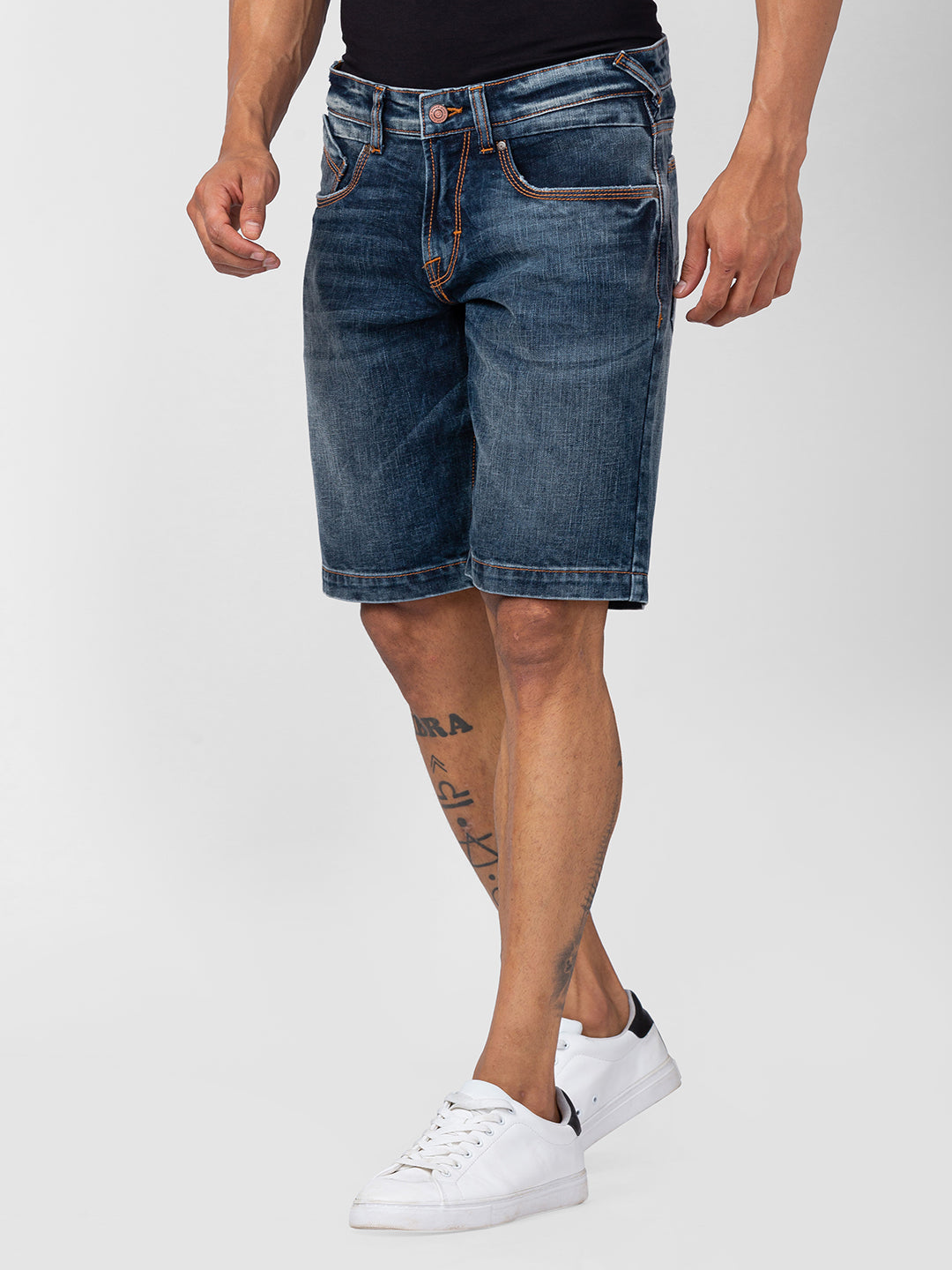Spykar Men Vintage Blue Cotton Regular Fit Denim Shorts