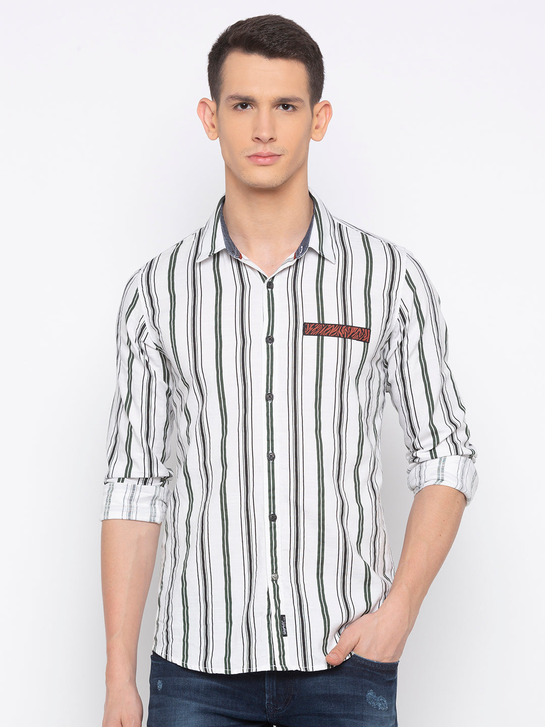 Spykar Men Olive and White Striped Slim Fit Casual Shirt