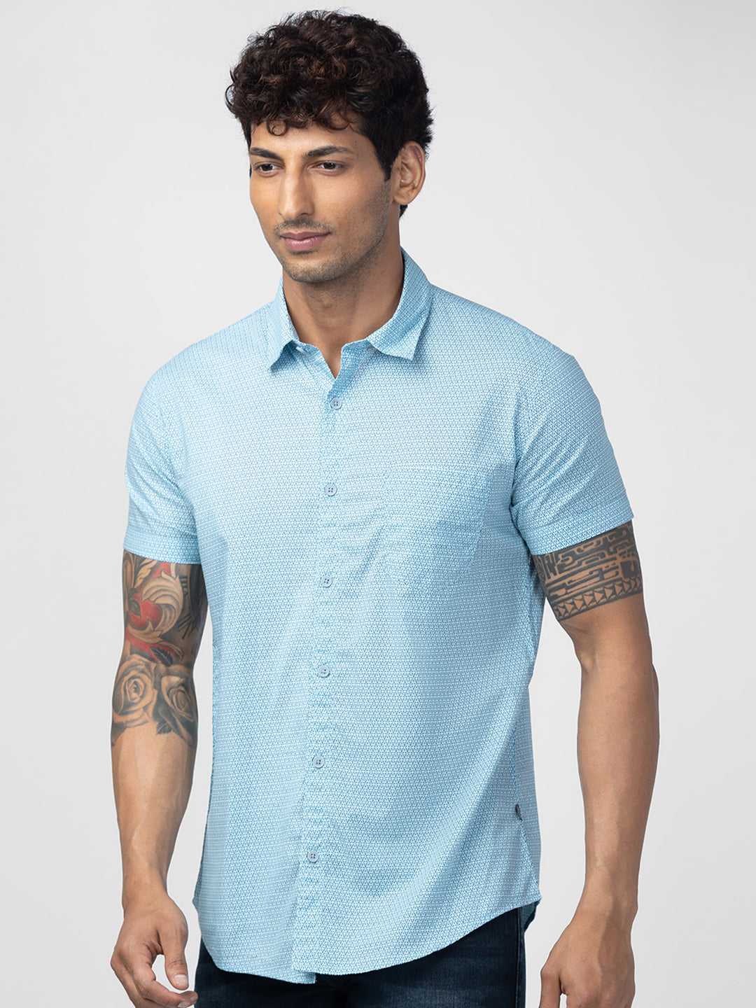 Spykar Men Sky Blue Cotton Regular Slim Fit Printed Shirt