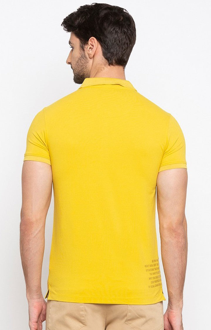 Spykar Men Yellow Cotton Slim Fit Polo T-Shirt