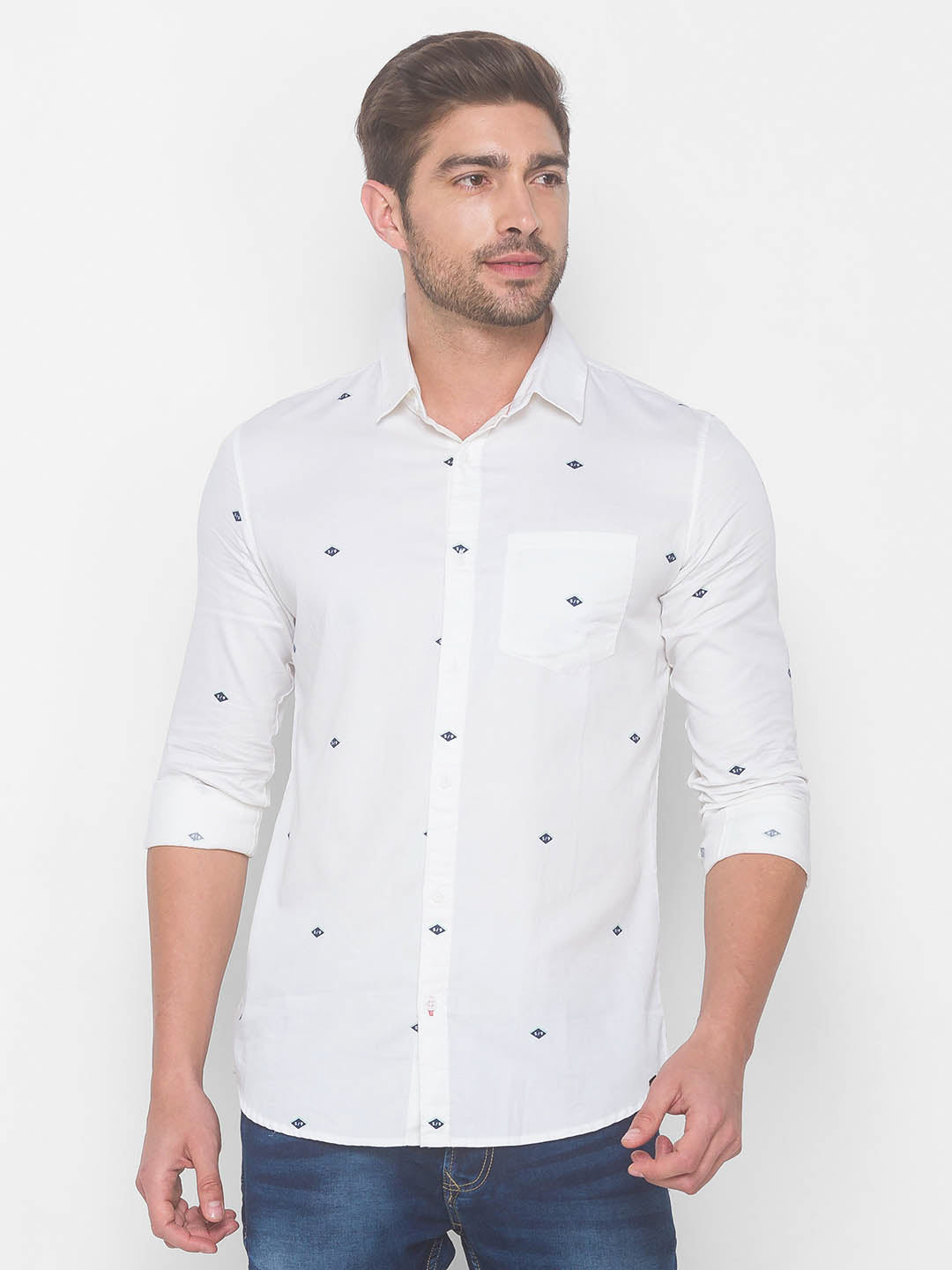 Spykar Men White Cotton Slim Fit Shirt