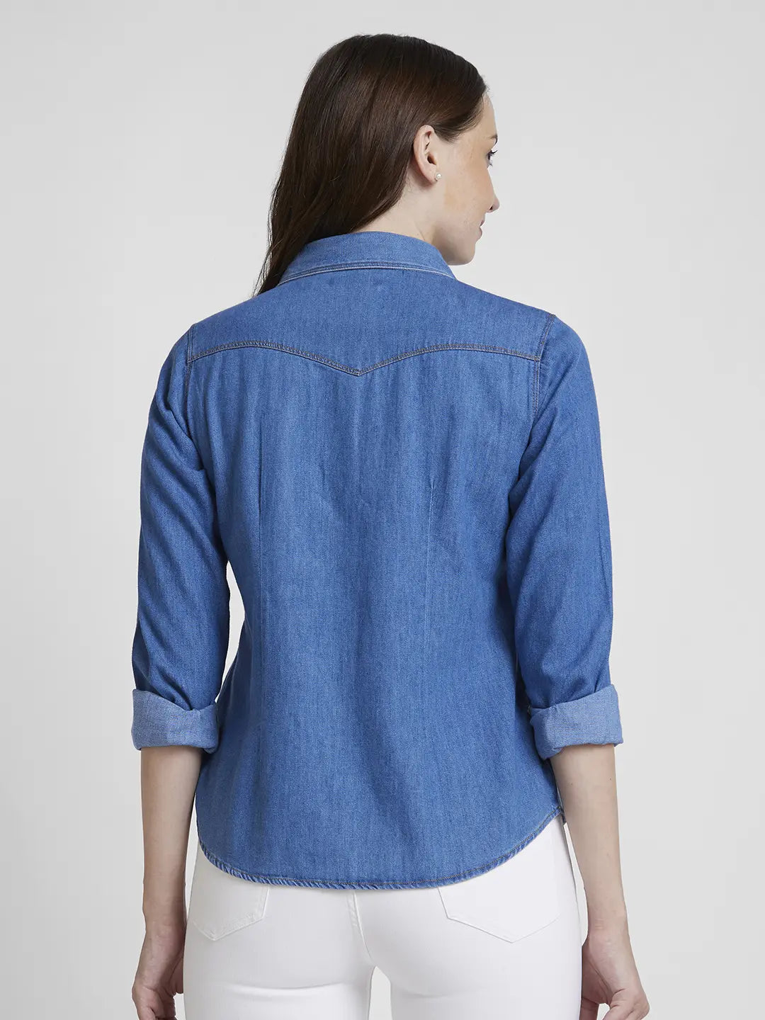 Spykar Women Light Blue Cotton Regular Fit Full Sleeve Plain Shirt