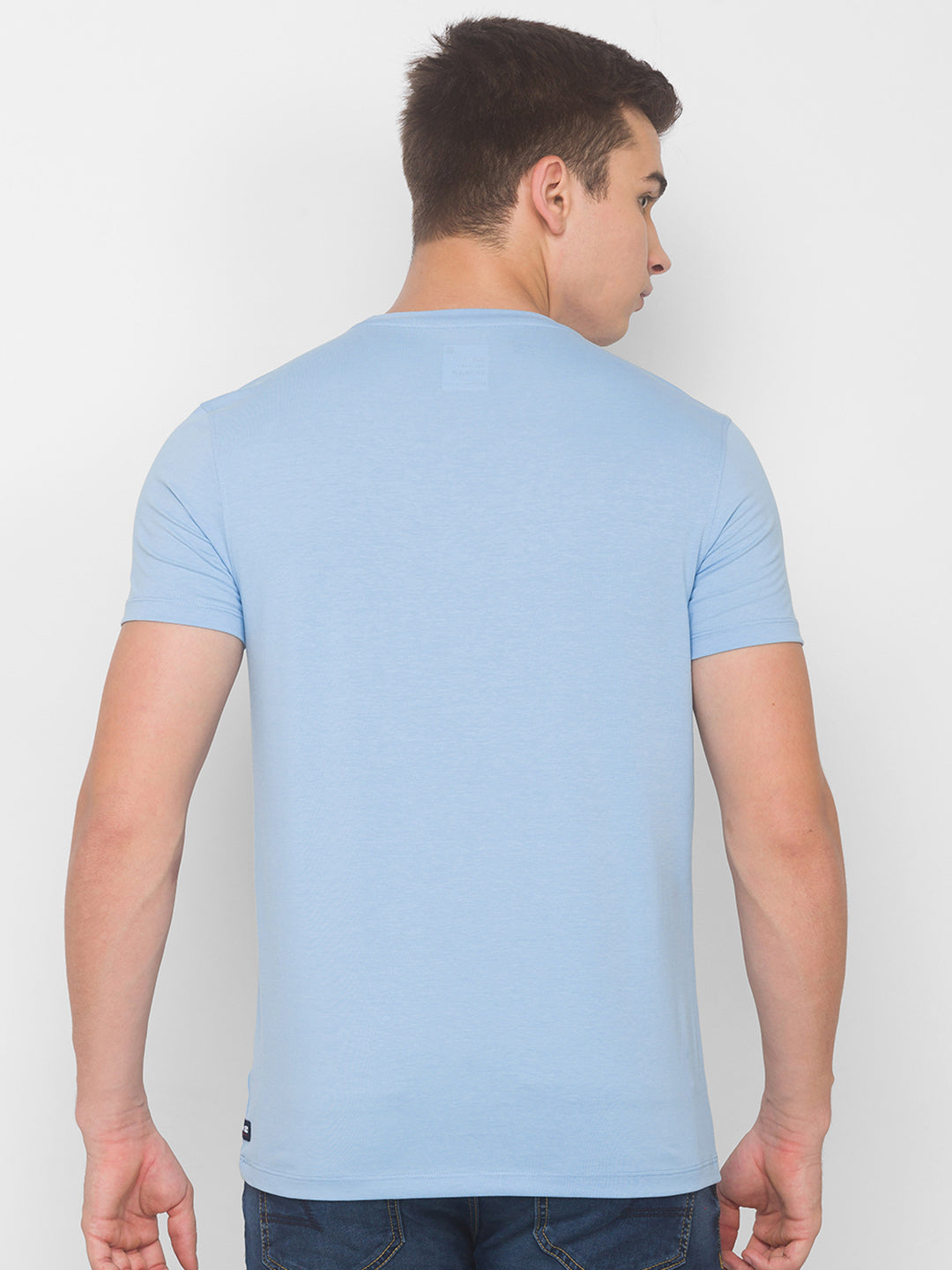 Spykar Men Blue Cotton Slim Fit Round Neck T-Shirt