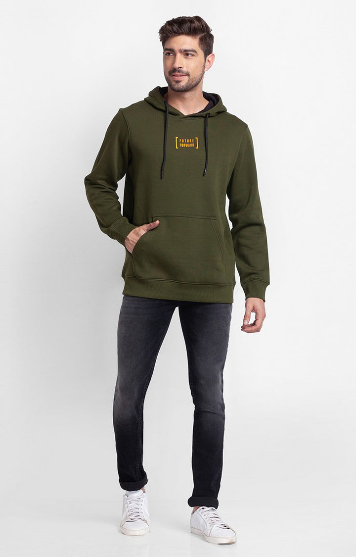 Spykar Rifle Green Cotton Full Sleeve Hooded Sweatshirt For Men