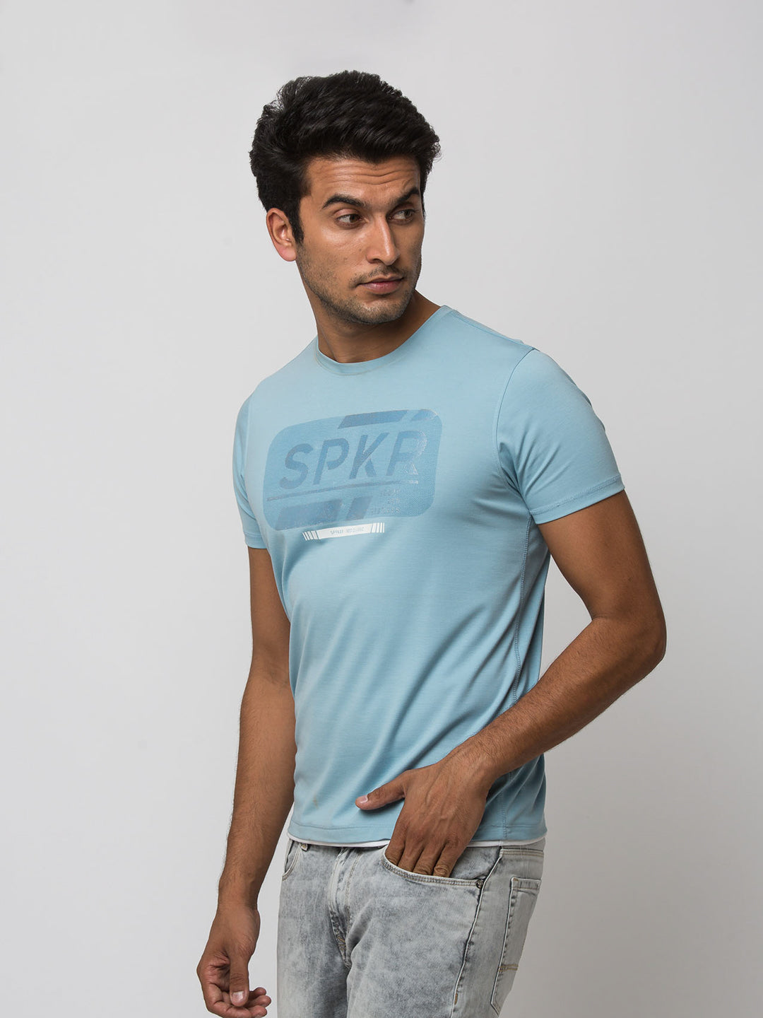 Spykar Men Powder Blue Blended Slim Fit T-Shirt