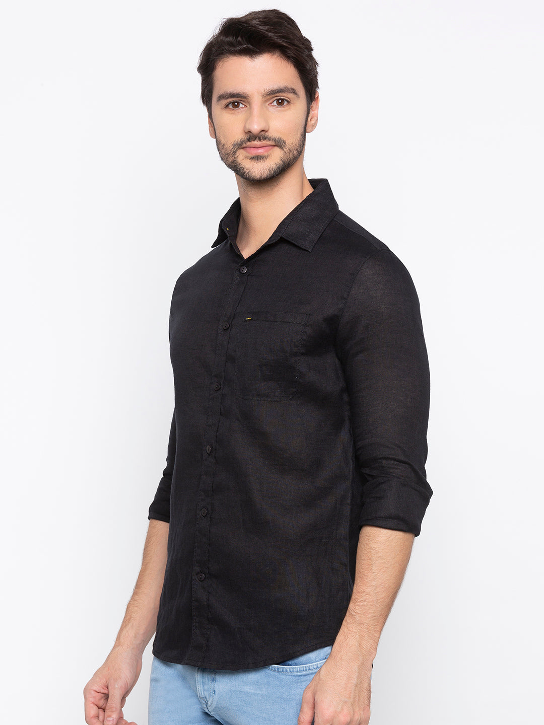 Spykar Black Linen Slim Fit Shirts For Men