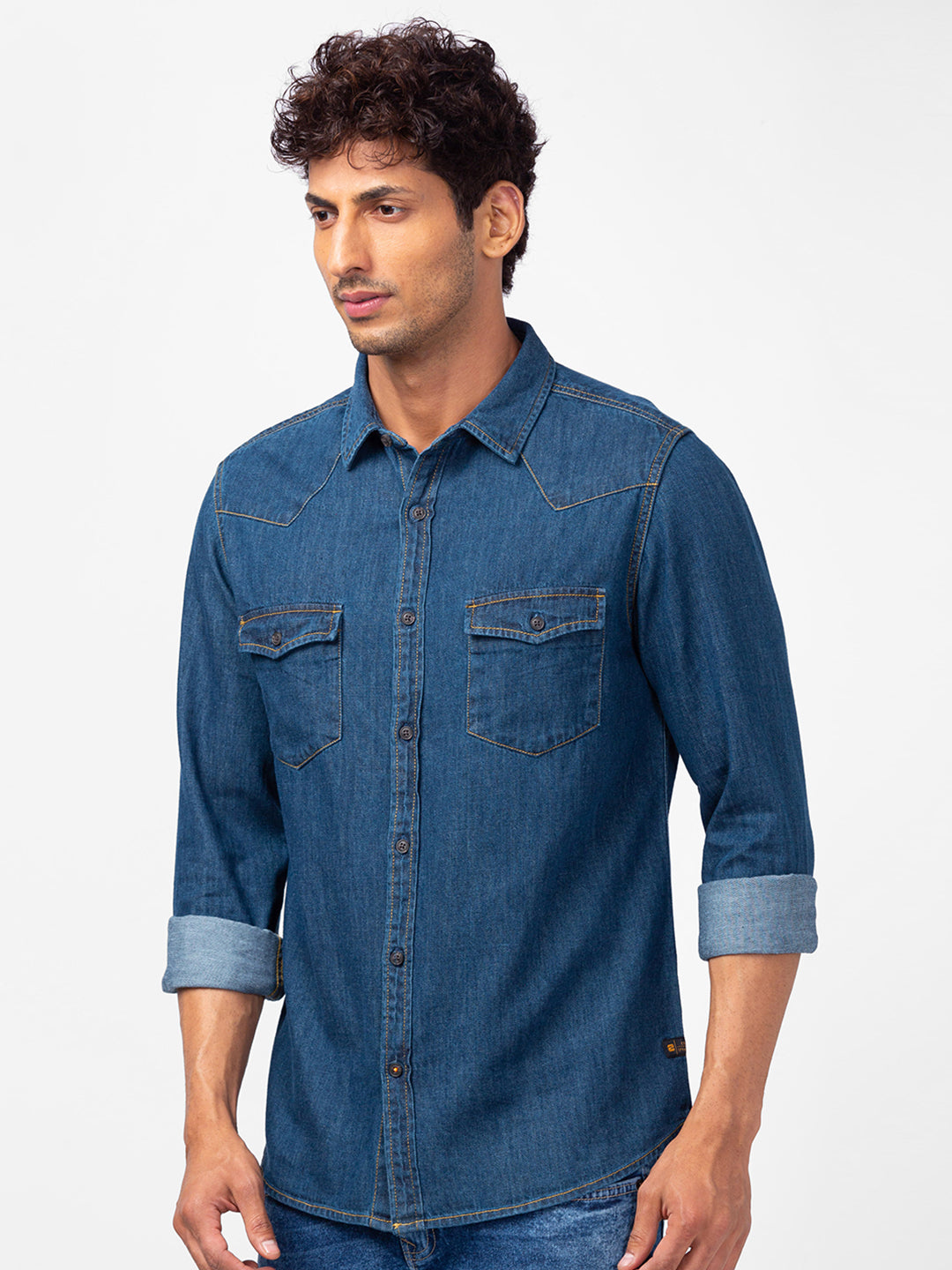 Spykar Men Dark Blue Cotton Slim Fit Denim Shirts